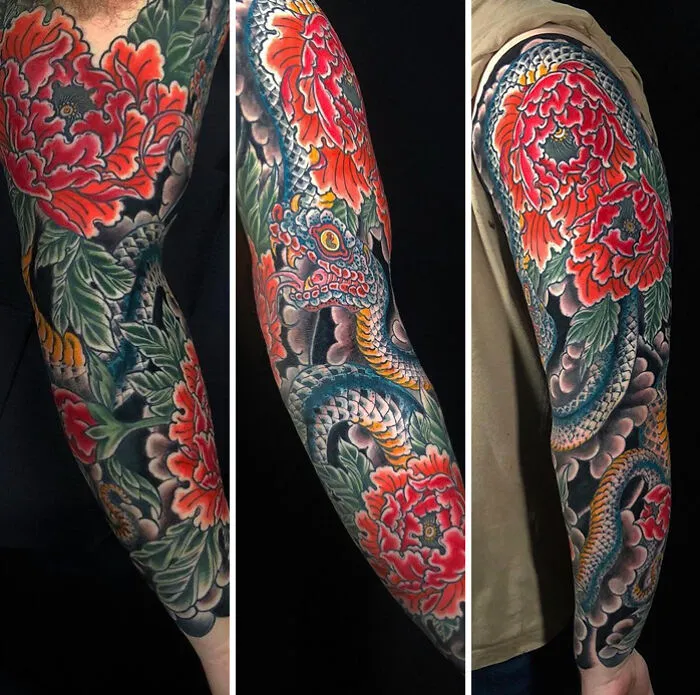 Japanese Snake & Peony Colour Sleeve