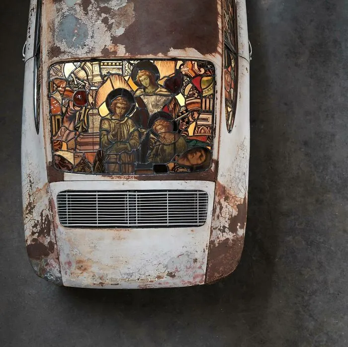 Vintage Porsche Transformed  Into A Striking Resurrection Using Salvaged Church Glass By Ben Tuna