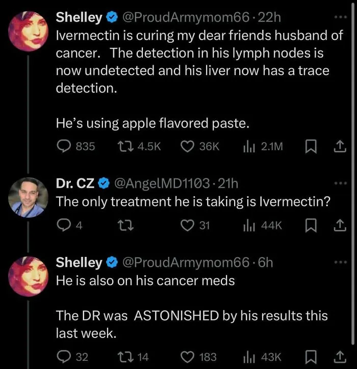 Twitter exchange showing a discussion about Ivermectin and cancer treatment, highlighting uncultured and ignorant Americans.
