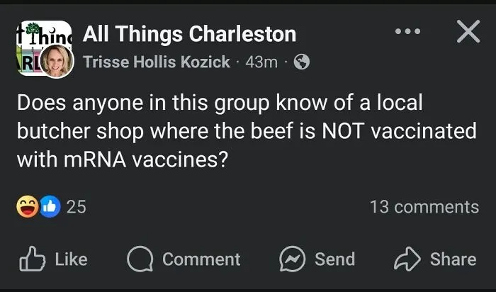 Social media post humorously exposing uncultured and ignorant Americans asking if beef can be vaccinated with mRNA vaccines.