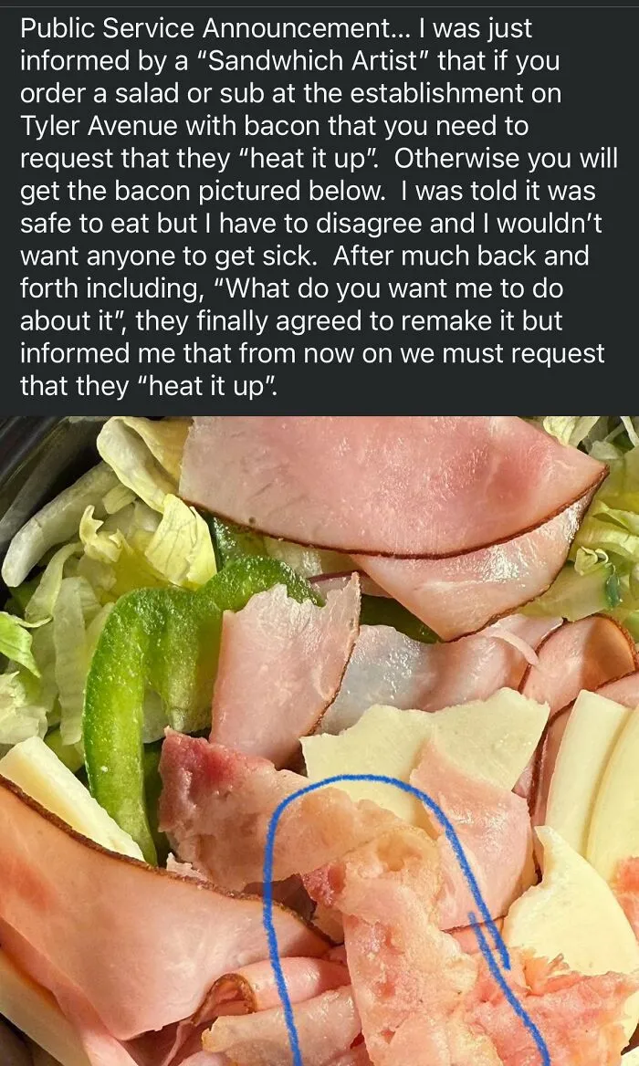 Uncooked bacon served on a salad, highlighting a funny example of uncultured and ignorant Americans in food service.