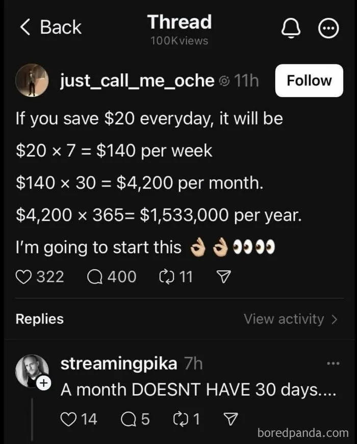 Social media post exposing ignorant Americans with incorrect math on saving money and flawed calculations.