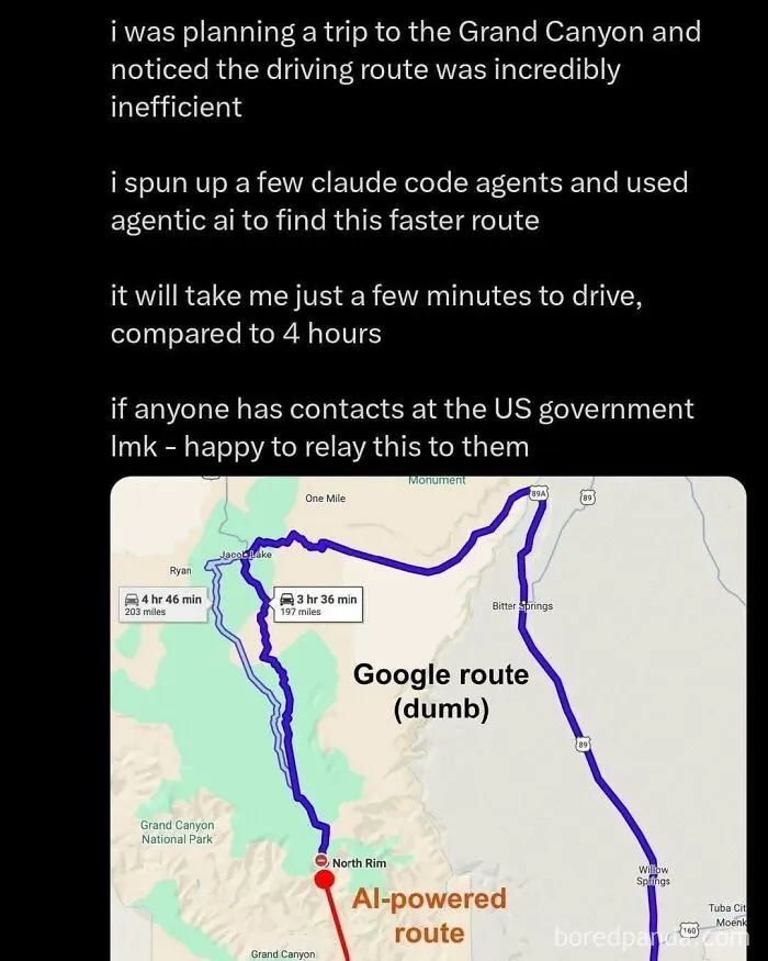 AI-powered map route challenges inefficient Google directions, highlighting uncultured and ignorant Americans' driving habits.