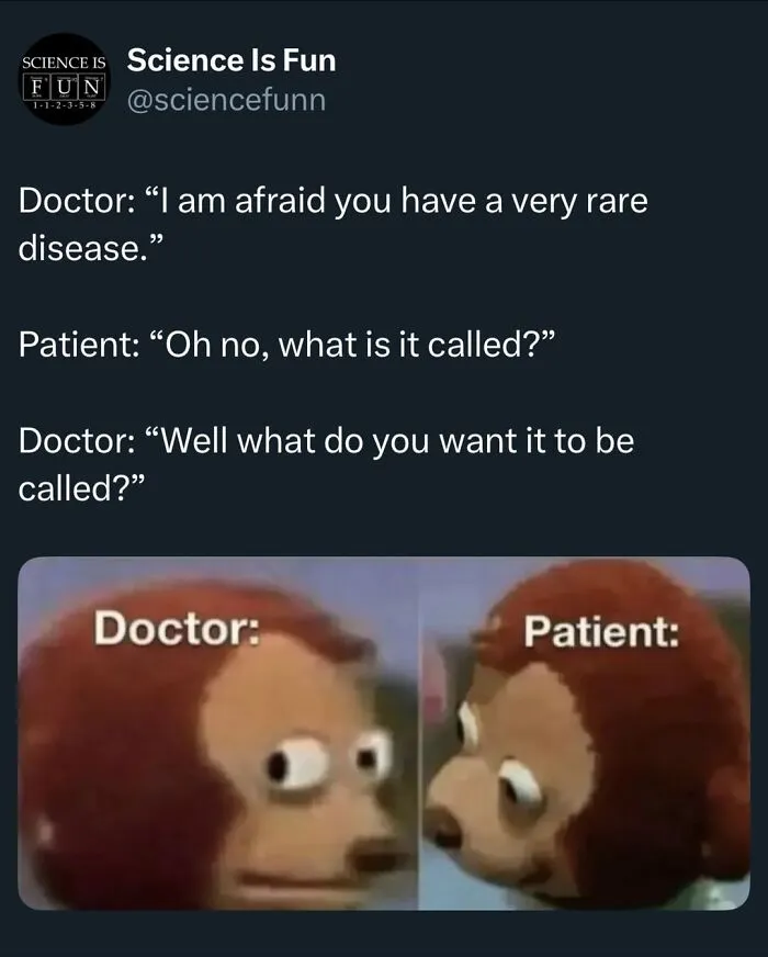 Funny science meme showing a conversation between a doctor and patient with surprised expressions.