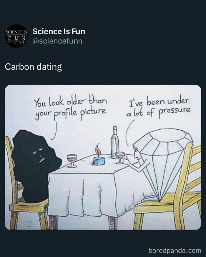 Cartoon of a coal and diamond on a date illustrating carbon dating with humor about pressure and aging for science memes.