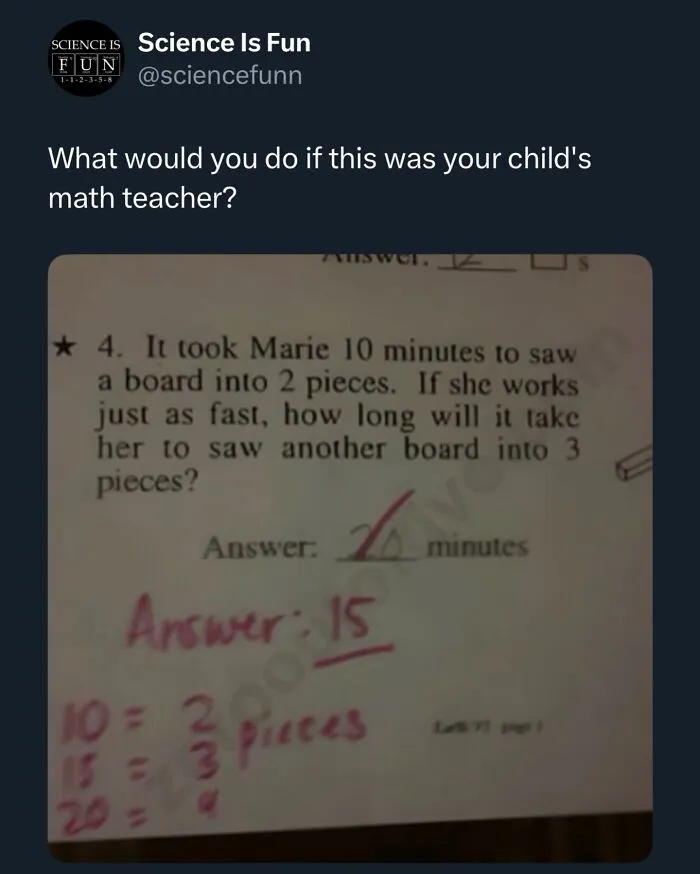 Funny science meme showing a math problem with incorrect answers, capturing humor in science memes and interesting posts.