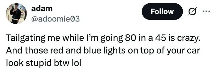 Tweet from user adam joking about tailgating and red and blue lights on cars with humor about the US.