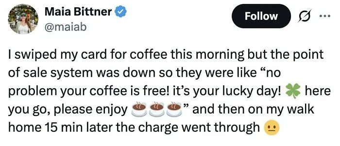 Tweet about a coffee purchase glitch humorously reflecting on daily life in the US that had the internet laughing.