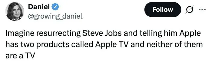 Tweet humor about the US and Apple products with a funny take on Apple TV not being a real TV.