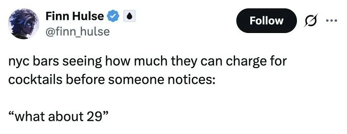 Screenshot of a tweet humorously highlighting NYC bars testing high cocktail prices, reflecting funny US internet jokes.