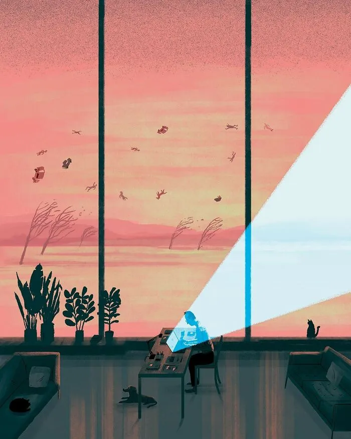 Man illuminated by light from projector, surrounded by plants and pets, in bold illustration using visual metaphors.