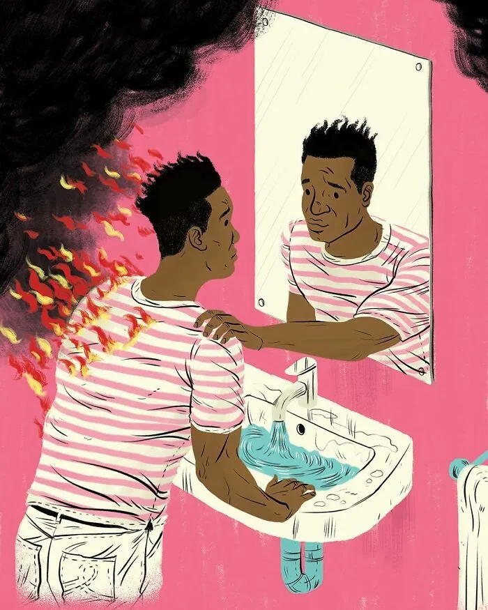 Man with burning back looking in mirror, bold illustration turning ideas into clever visual metaphors by Paul Blow