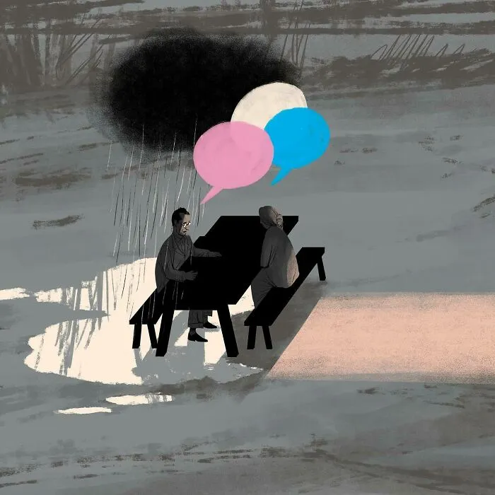 Two people sitting at a table under a rain cloud with colorful speech bubbles in a bold illustration visual metaphor.