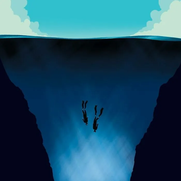 Two divers exploring deep underwater between dark cliffs in a bold illustration visual metaphor.