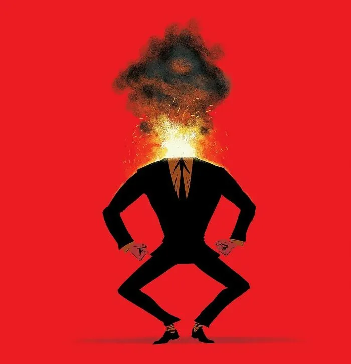 Bold illustration of a headless man in a suit with an exploding fiery head, representing clever visual metaphors.