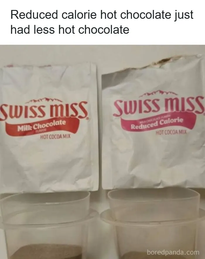 Comparison of regular and reduced calorie hot chocolate packets with less powder in diet version, food and eating meme.