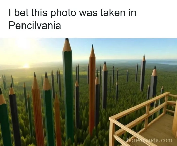 Giant pencils towering above a forest at sunrise, a surreal scene likely featured in entertaining memes collection.