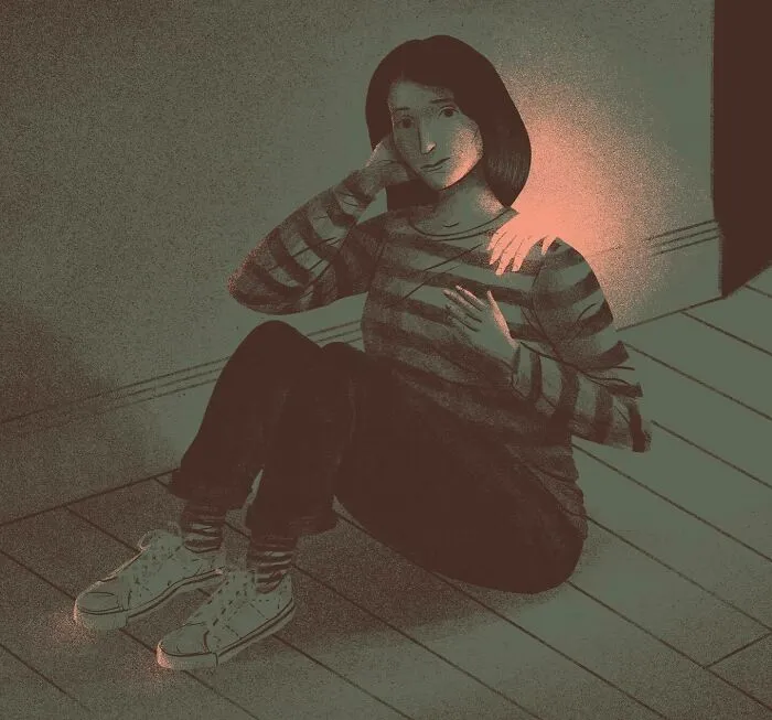 Illustration of a person sitting on the floor with a glowing hand on their shoulder, a bold visual metaphor concept.