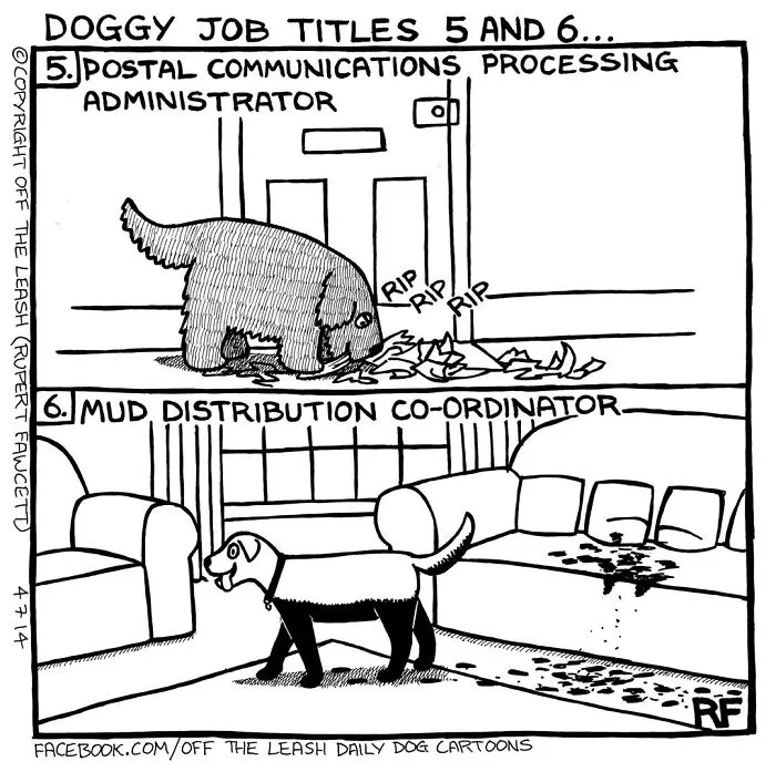 A humorous Off The Leash cartoon illustrating common dog owner scenarios like ripping mail and tracking mud.