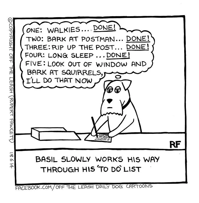 An Off The Leash cartoon humorously depicting a dog owner's daily to-do list, including barking at the postman.