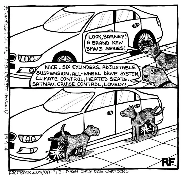 Off The Leash cartoon: dog owners dogs discussing and then marking a new BMW 3 series car.