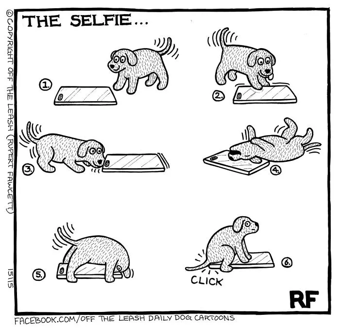 Off The Leash cartoon: a dog owner's dog attempting to take a selfie, interacting with a smartphone on the floor.