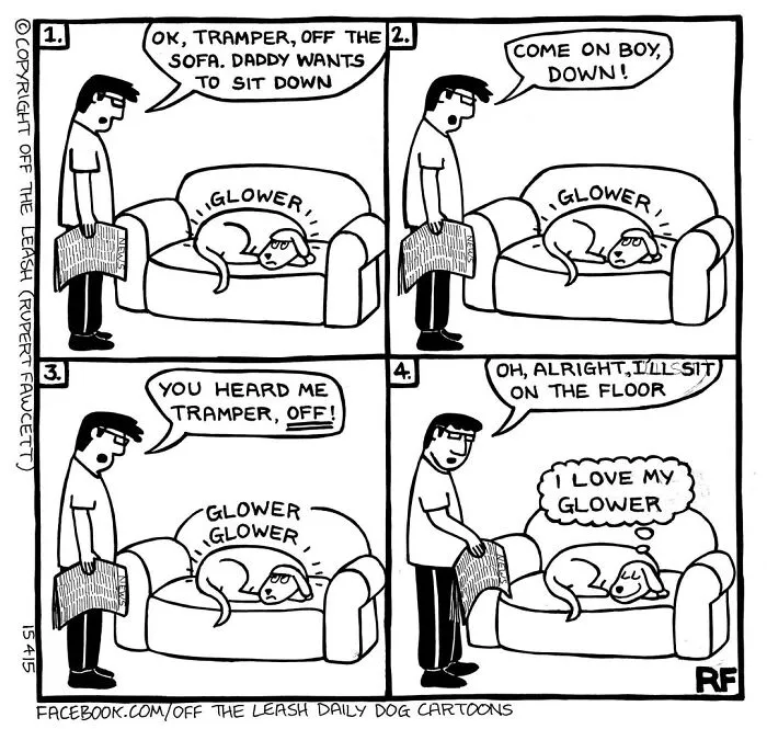 A dog owner cartoon about a man trying to get his dog off the sofa, only to give up.