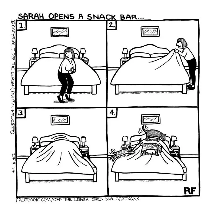 Off The Leash cartoon showing a dog owner making their bed, then a dog jumping on it.