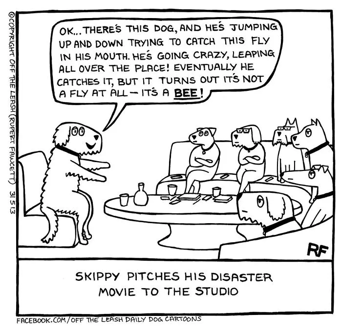 Off The Leash cartoon showing a dog owner listening to a dog telling a story.