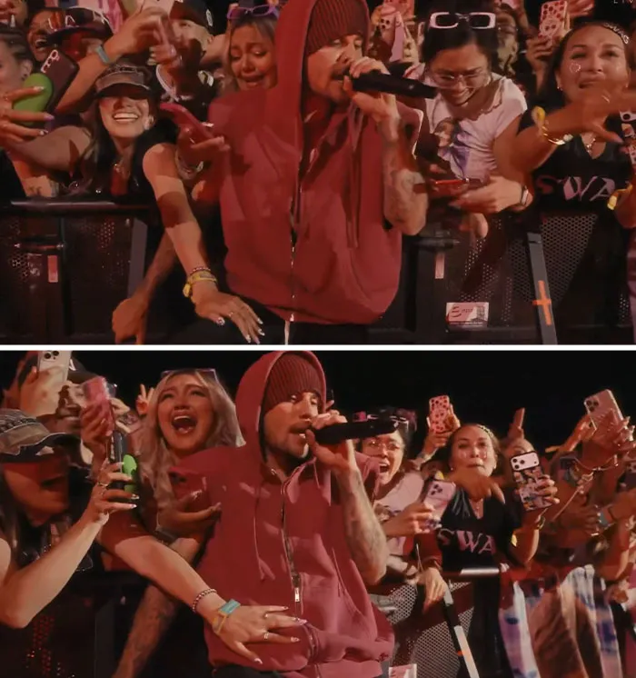 Justin Bieber dodging a fan who crossed the line