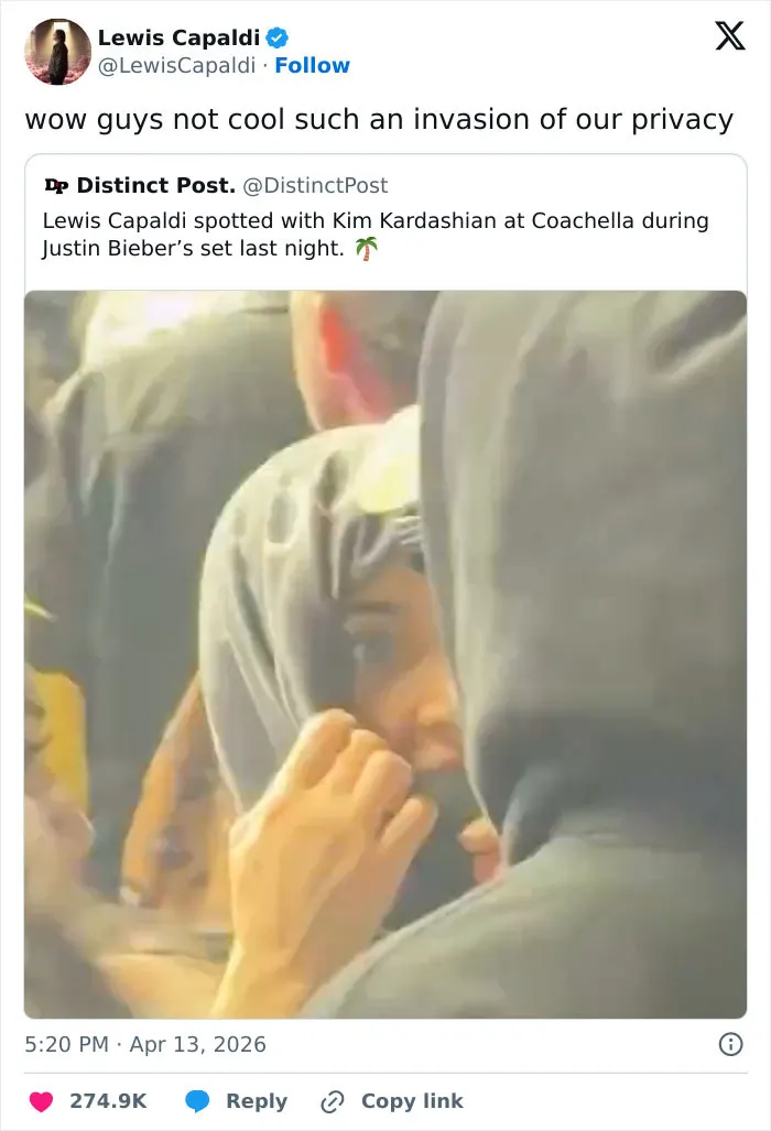 Lewis Capaldi reacting to a post linking him romantically to Kim Kardashian