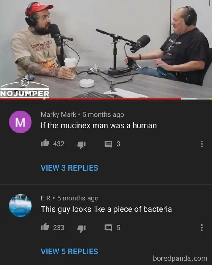 YouTube video screenshot with two men podcasting and comments below, one of which is a rare burn.