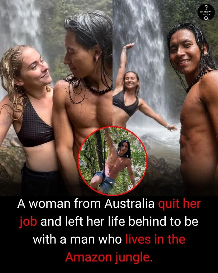 An interesting fact: An Australian woman with a man in the Amazon jungle, by a waterfall.