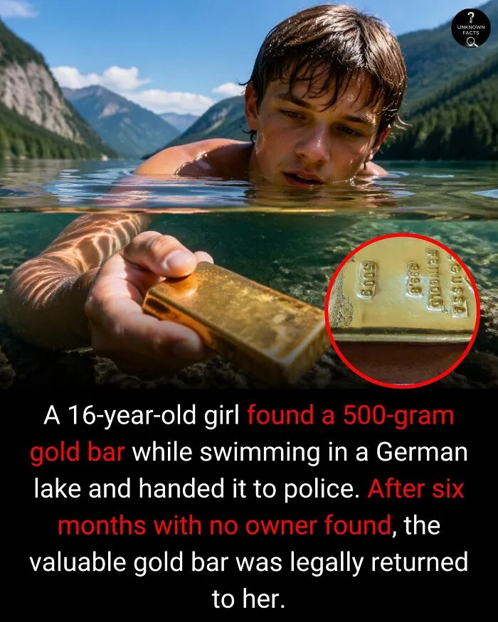 A swimmer holding a gold bar underwater in a lake. Interesting facts about finding gold and its return.