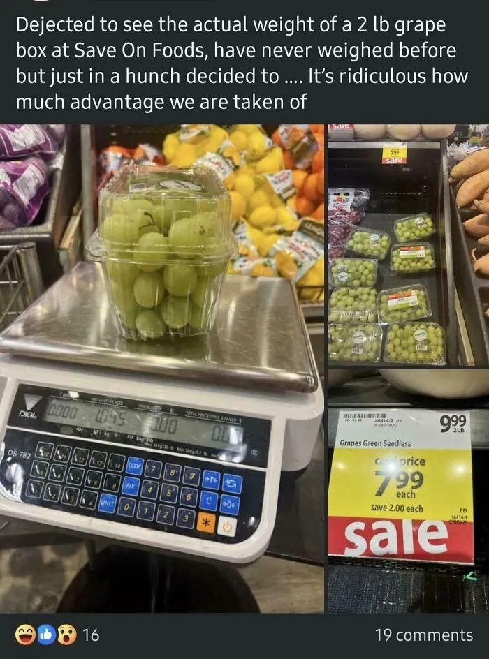 Plastic container of green grapes on a scale weighing over 1 lb, contrasting with 2 lb sale price at grocery store, showing mistaken assumptions.