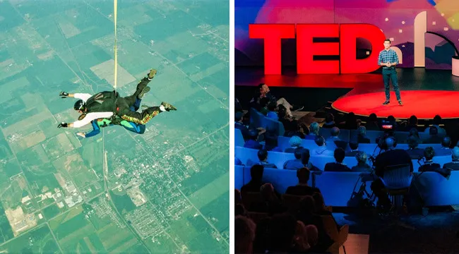 Split image showing a tandem skydive over farmland and a speaker presenting live at a TED talk event.