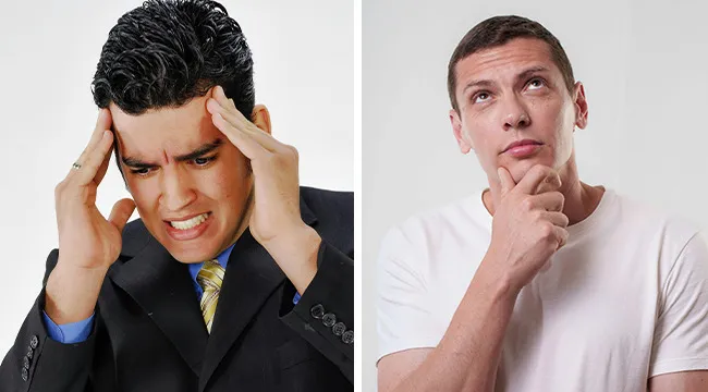 Man in a suit stressed holding his head and another man in a white shirt thoughtfully considering his courage meter.