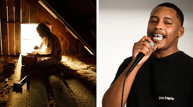 Split image showing a person exploring a dusty attic and a man singing karaoke solo, illustrating the courage meter choices.