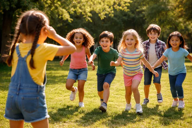 Children playing red light green light outdoors on a sunny day, having fun running on green grass in the park.