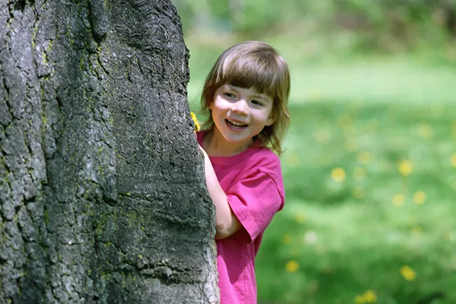Child smiling and hiding behind a tree playing hide-and-seek outdoors on a sunny day in a green park.