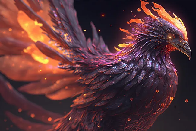 Vibrant phoenix with fiery feathers glowing in dark surroundings, symbolizing rebirth and mythical power.