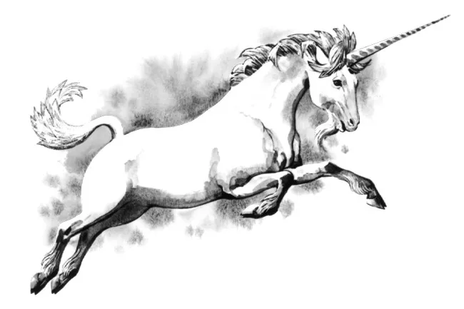 Black and white illustration of a majestic unicorn leaping, symbolizing the mythical creature vibe of the day.