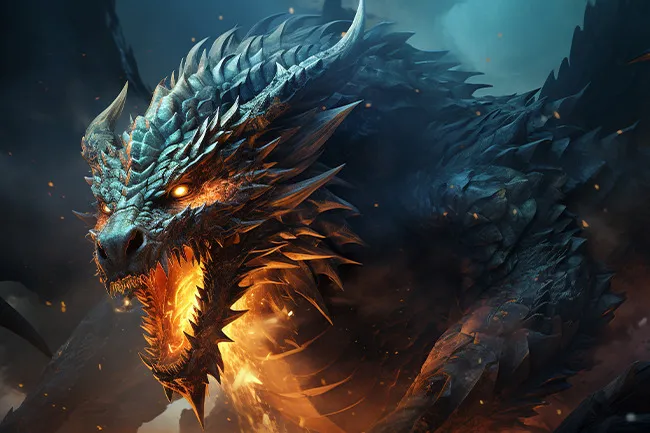 Fierce dragon with glowing eyes and fiery breath surrounded by dark smoky atmosphere in a fantasy setting.