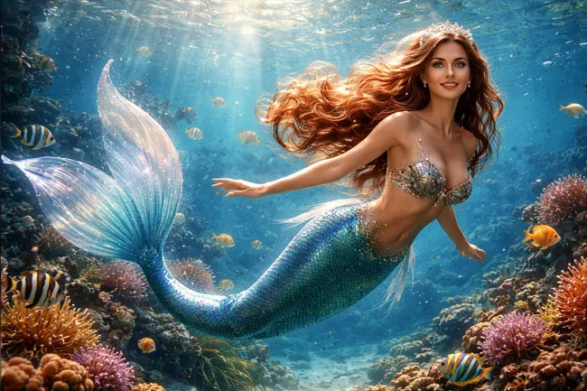 Mermaid with flowing red hair swimming gracefully underwater among colorful coral and tropical fish.