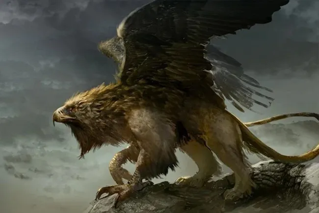 Griffin perched on a rocky cliff with wings spread wide under a stormy, cloud-filled sky.