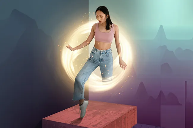 Young woman demonstrating teleportation superpower with glowing portal while stepping off a platform in a surreal environment