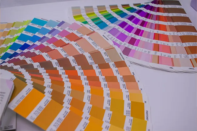Fanned out paint samples in various colors spread on a white surface, ideal for home improvement projects.