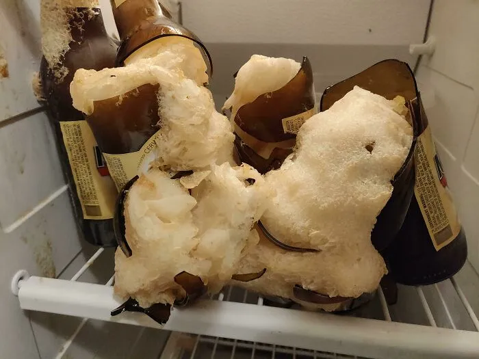 Broken beer bottles with overflowing foam inside a fridge, showing a messy and disappointing friend moment.