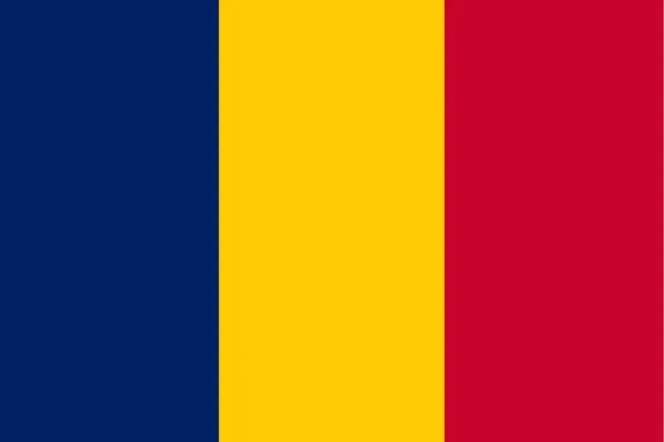 Vertical stripes of blue, yellow, and red representing the national flag of Chad in bold colors.