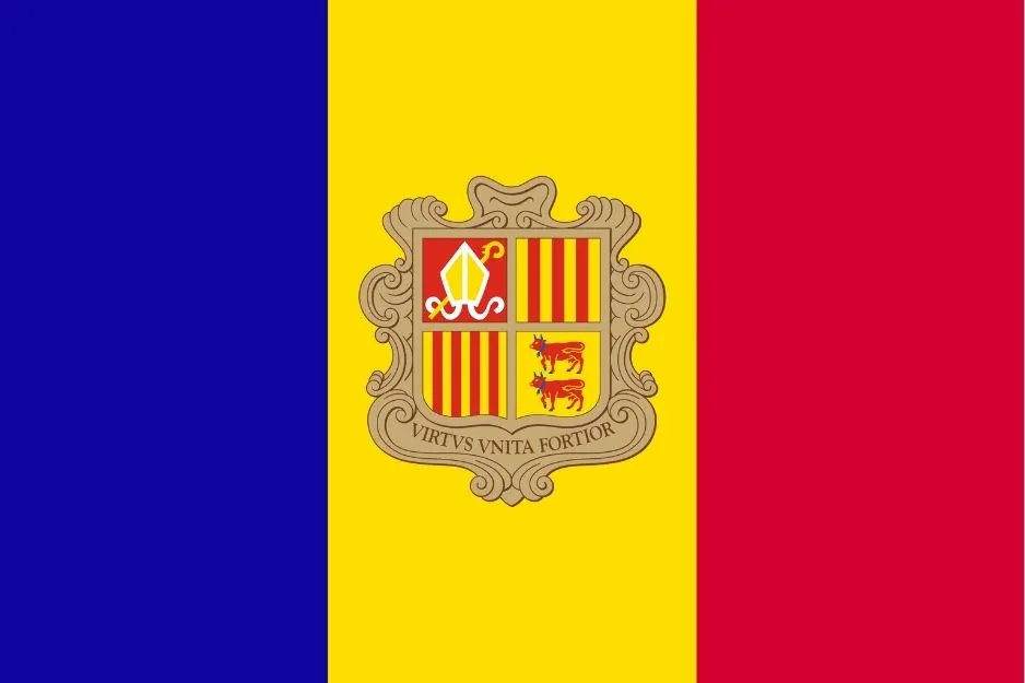 Flag with vertical blue, yellow, and red stripes featuring a central coat of arms, not the flag of Chad.